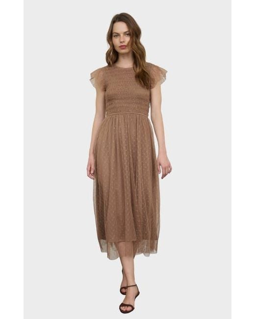 Blu Pepper Brown Smocked Flutter Sleeve Midi Dress