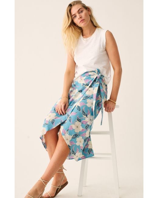 Faherty Brand Blue Pacifica Floral Linen Blend Wrap Midi Skirt