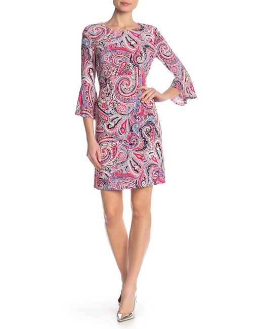 Tommy Hilfiger Pink Fresco Paisley Print Bell Sleeve A-line Dress