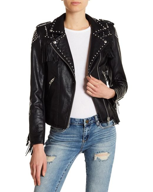 Blank NYC Black Studded Fringe Faux Leather Jacket