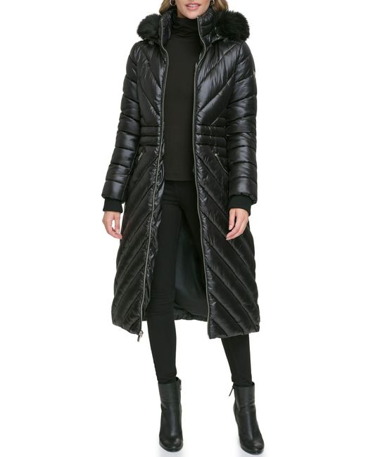 Guess Black Water Resistant Puffer Coat With Faux Fur Trim