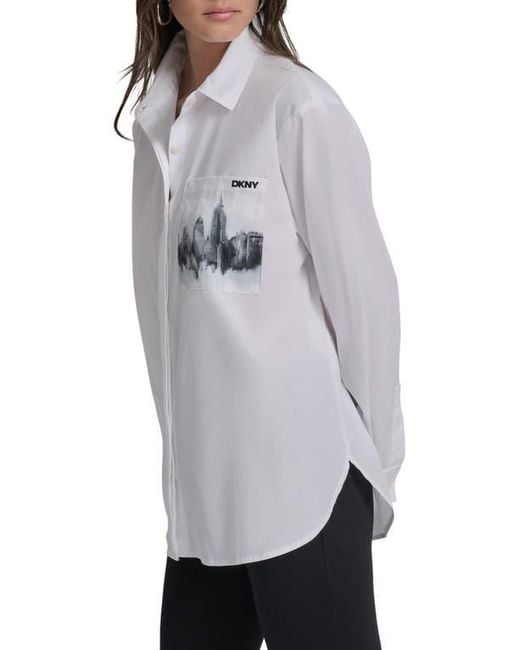 DKNY Gray Skyline Pocket Oversize Long Sleeve Button-Up Shirt
