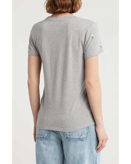 Lucky Brand Gray Flower Embroidered Cotton T-Shirt