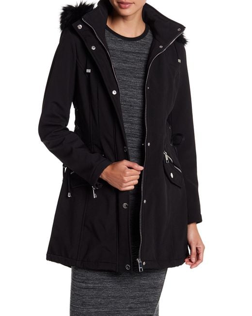 Guess Black Side Lace-up Faux Fur Trim Hooded Jacket