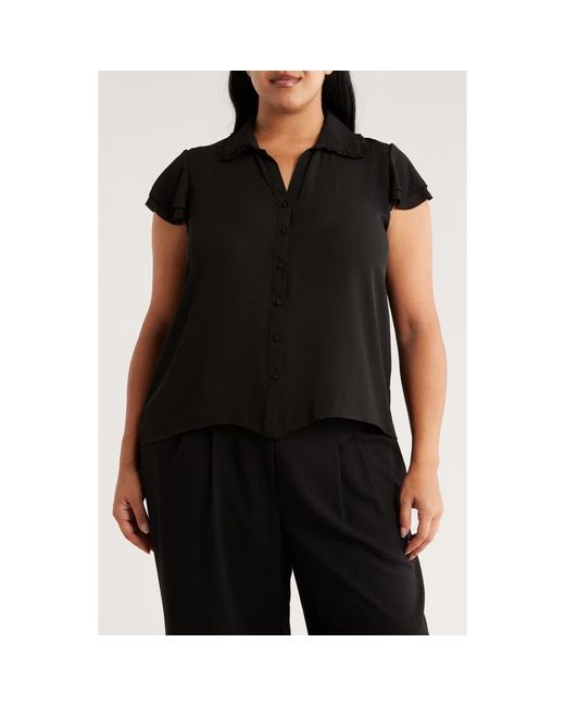 Tahari Black Tiered Flutter Sleeve Button-Up Shirt