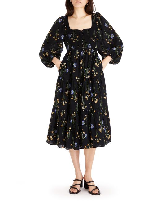 Madewell Black Xiomara Floral Print Long Sleeve Cotton Dress