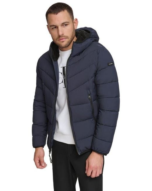 Calvin Klein Faux Fur Hooded Jacket in Blue for Men Lyst