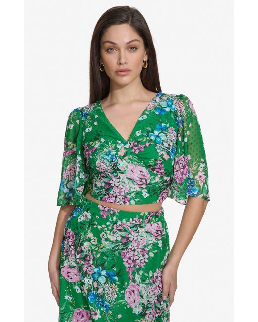Kensie Green Floral Clip Dot Chiffon Two-piece Dress