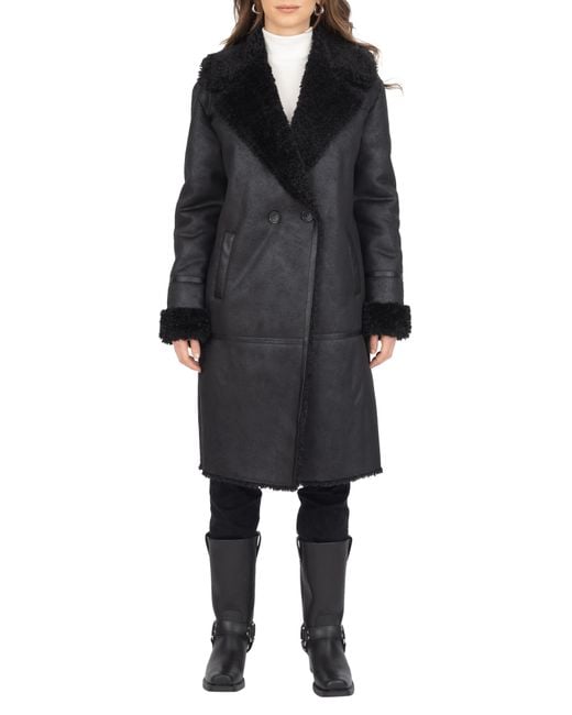 Frye Faux Shearling Double Breasted Trench Coat in Black | Lyst