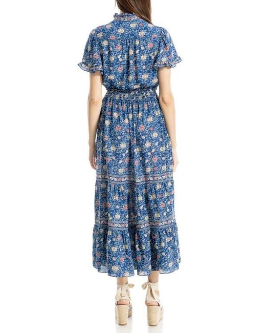 Max Studio Blue Smocked Flutter Sleeve Maxi Dress