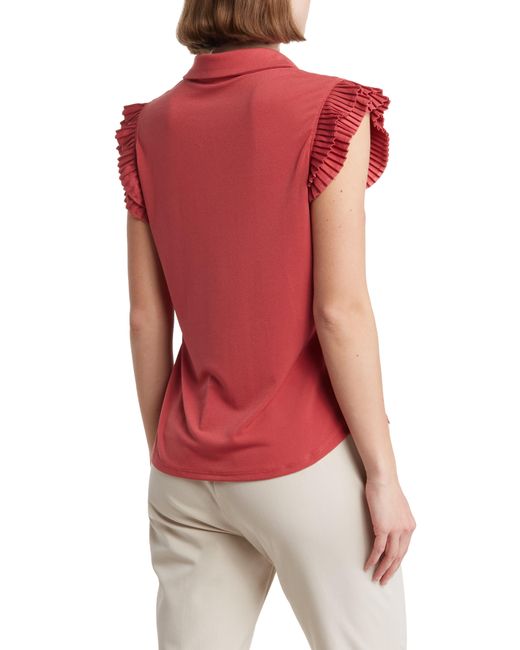 Adrianna Papell Red Pleated Cap Sleeve Button-up Shirt