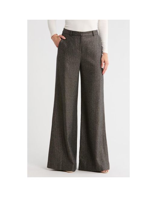 L'Agence Gray Pilar Metallic Herringbone Wool Blend Wide Leg Pants