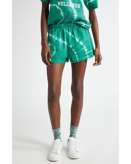 Sporty & Rich Green Serif Tie Dye Logo Cotton Disco Shorts
