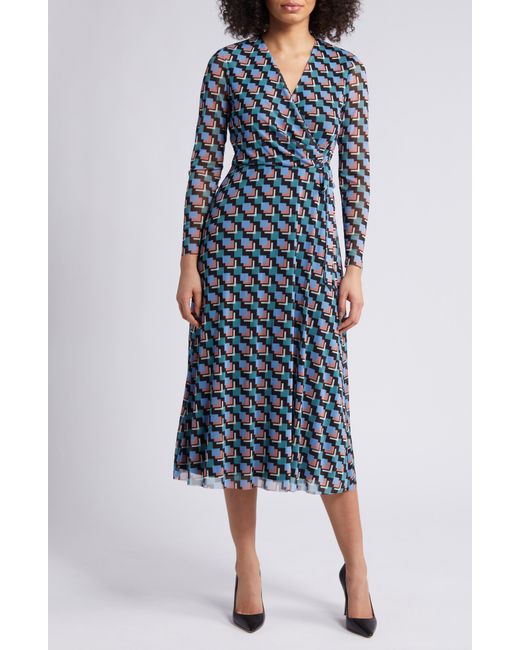Anne Klein Blue Geo Print Long Sleeve Faux Wrap Midi Dress