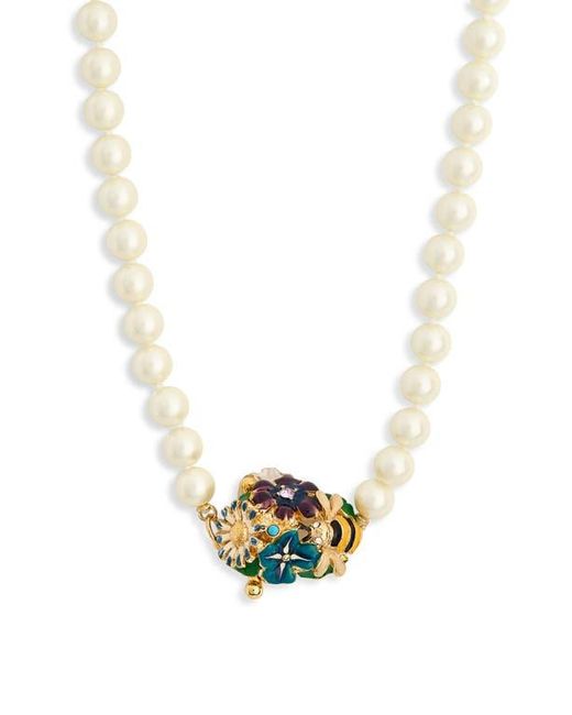 Kenneth Jay Lane White Enamel Flower Pendant Faux Pearl Necklace