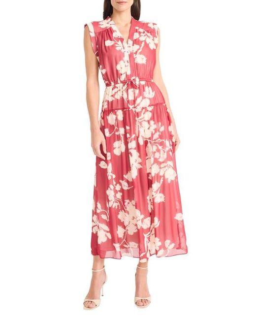 Maggy London Red Floral Sleeveless Chiffon Maxi Dress