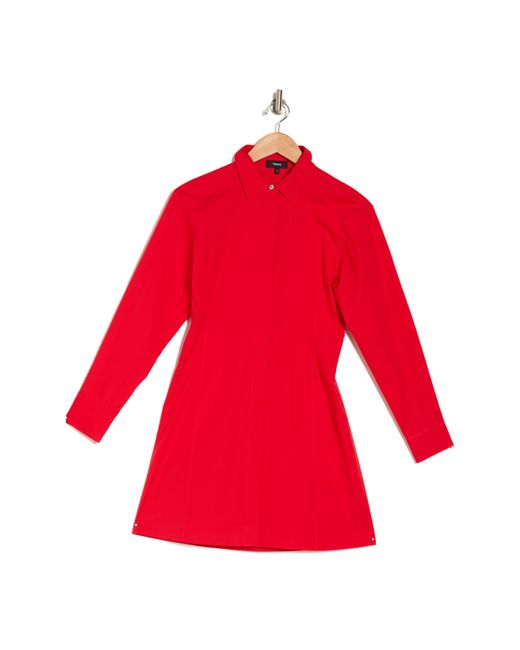 Theory Red Downing Long Sleeve Cotton Shirtdress