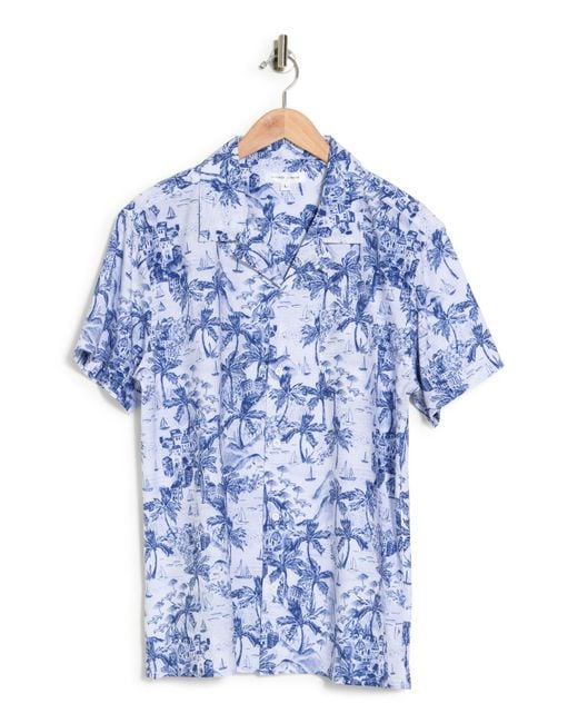 Vintage Summer Blue Ponji Tropical Print Short Sleeve Button-up Shirt for men