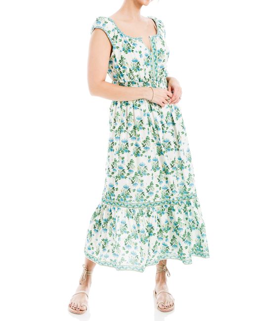 Max Studio Green Floral Tiered Cotton Blend Midi Dress