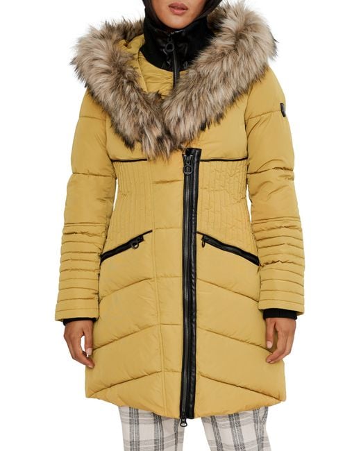 Noize Gigi Vegan Faux Fur Trim Quilted Parka in Yellow Lyst
