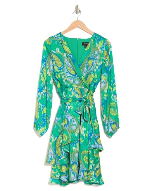 Tahari Green Printed Long Sleeve Faux Wrap Dress