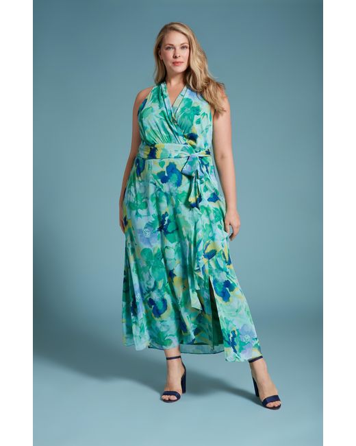 London Times Green Floral Sleeveless Chiffon Maxi Dress