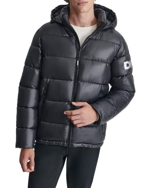 DKNY Black Hooded Nylon Puffer Jacket for men