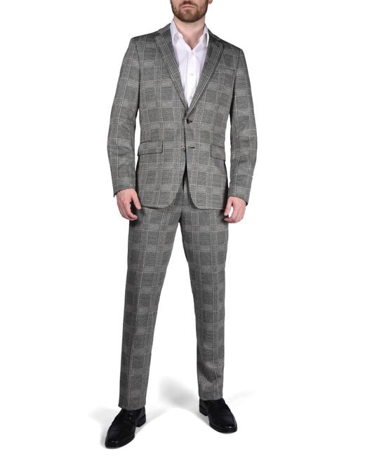 Original Penguin Gray Oman Trim Fit Glen Plaid Knit Suit for men