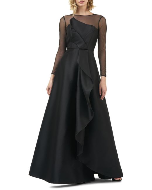 Kay Unger Black Adele Long Sleeve Appliqué Gown
