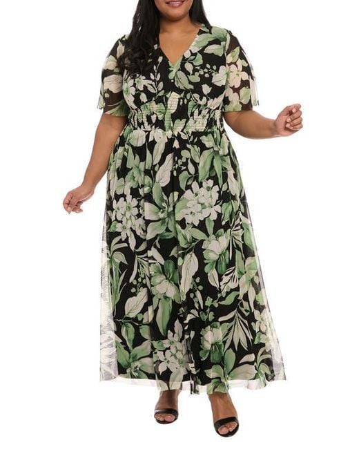 London Times Green Mesh Flutter Sleeve Maxi Dress