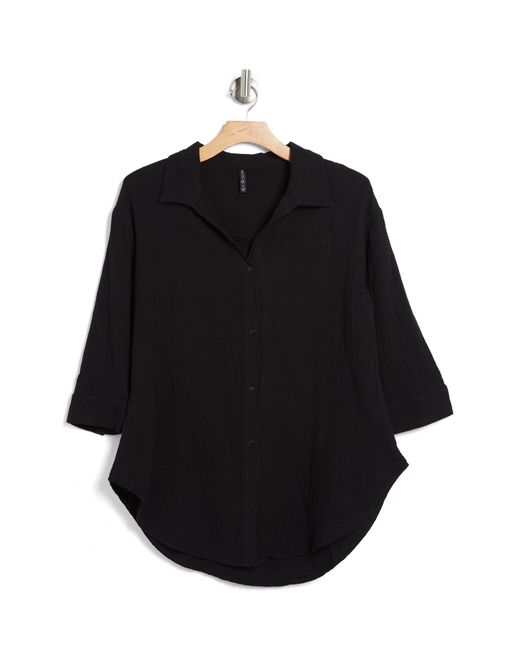 Boho Me Black Three Quarter Sleeve Cotton Gauze Button-up Shirt