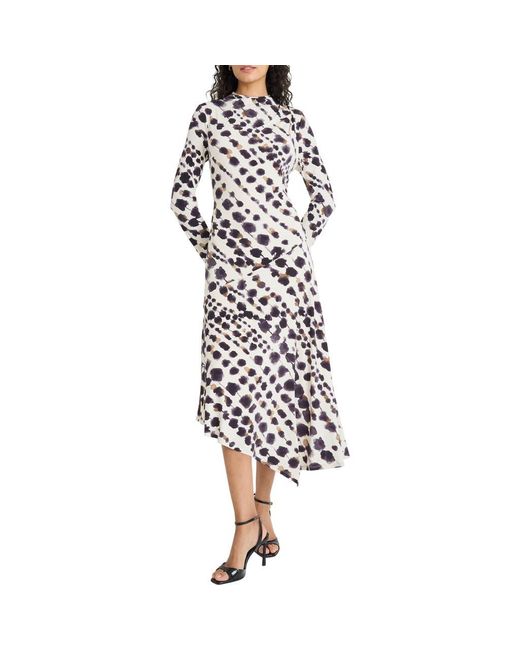 Maggy London White Long Sleeve Asymmetric Hem Midi Dress