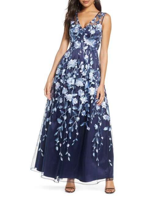Eliza J Blue Floral Embroidered A-line Mesh Gown