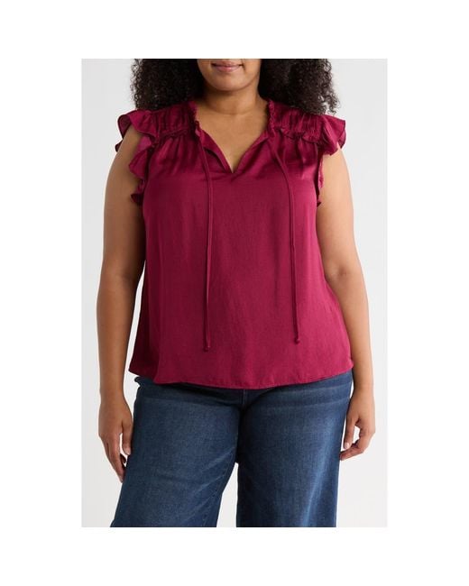 DR2 by Daniel Rainn Purple Satin Ruffle Split Neck Top
