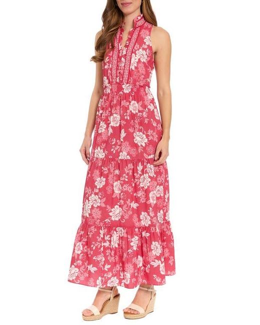 London Times Ruffle Neck Smocked Waist Maxi Dress in Red | Lyst