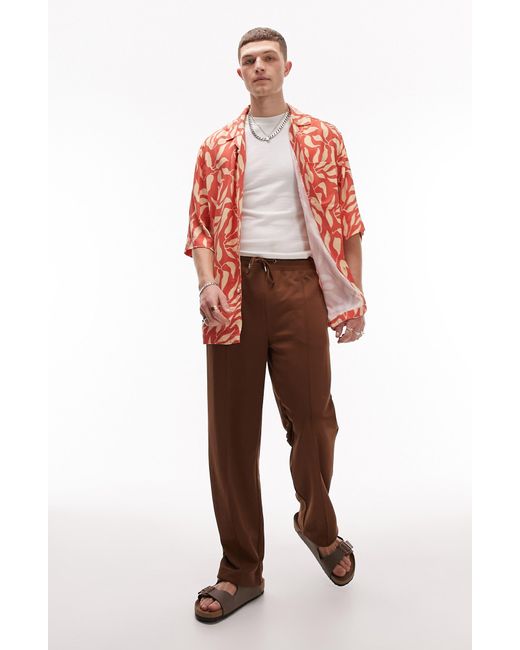 Topman Red Leaf Print Revere Short Sleeve Shirt for men