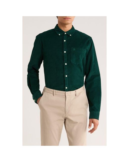 Original Penguin Green Solid Corduroy Button Down Shirt for men
