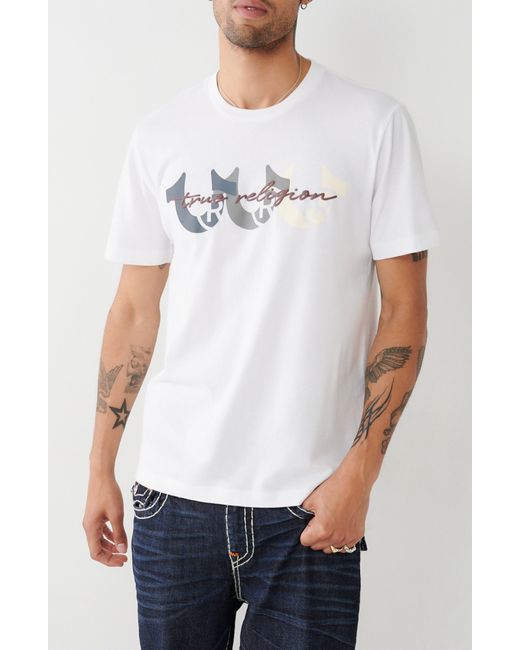 True Religion White Three Horseshoe Cotton Crew Graphic T-shirt for men