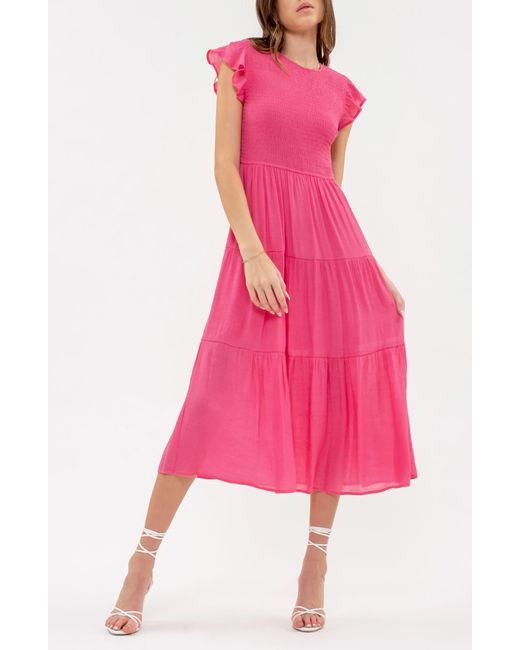 Blu Pepper Pink Flutter Sleeve Smocked Tiered Midi Dress