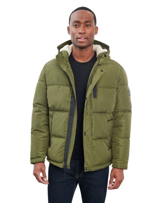 Lucky Brand Davis Water Resistant Faux Shearling Lined Hood Puffer Jacket  in Green for Men