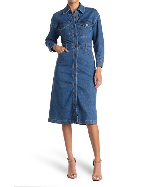 Alice + Olivia Dahlia Long Sleeve Cargo Pocket Denim Midi Dress in Blue ...