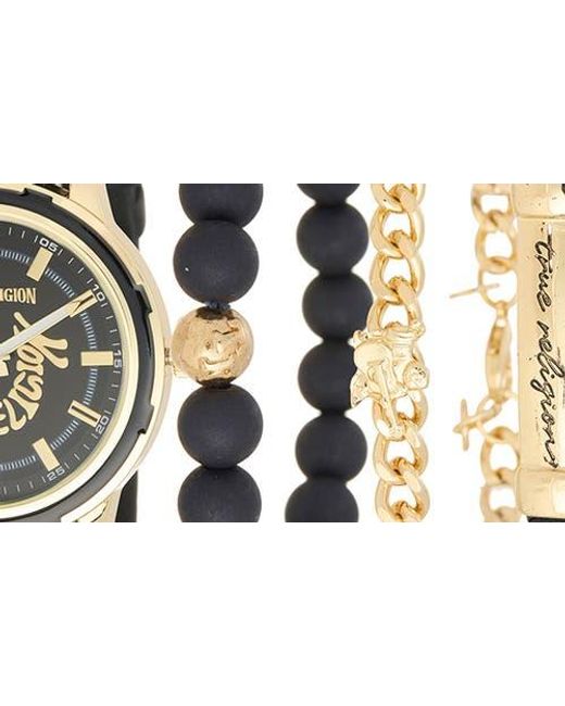 True Religion Black Arched Logo Faux Leather Strap Watch, 38Mm & Assorted Bracelets Set for men