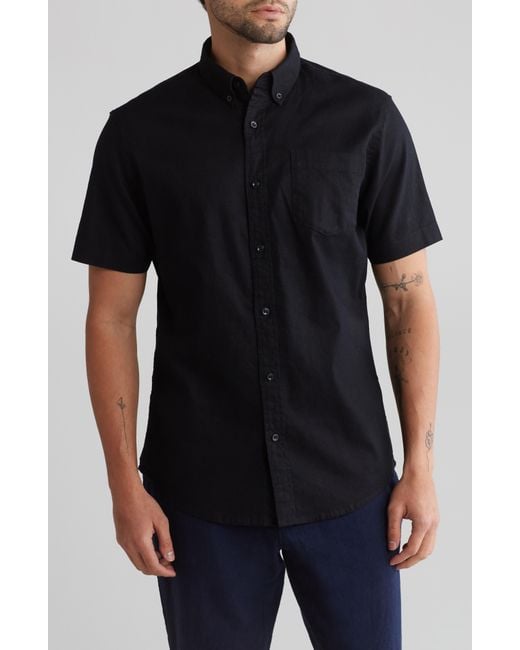 14th & Union Black Slim Fit Short Sleeve Linen Blend Button-down Shirt for men