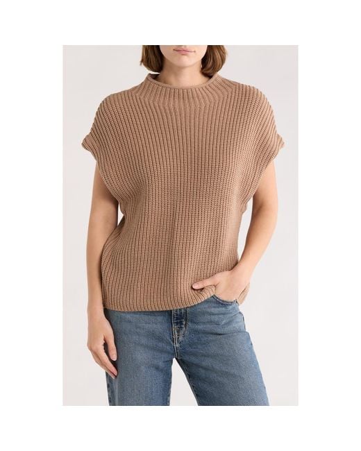 Leith Blue Mock Neck Cap Sleeve Cotton Blend Sweater