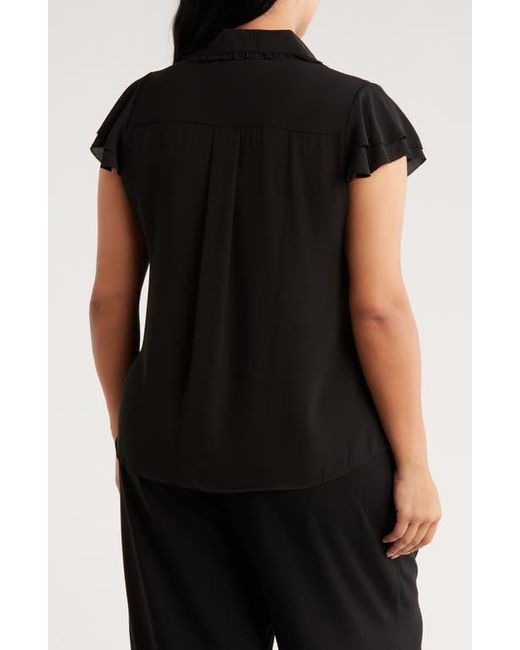 Tahari Black Tiered Flutter Sleeve Button-Up Shirt