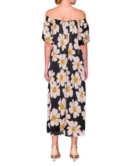 MELLODAY Black Floral Off The Shoulder Puff Sleeve Satin Dress