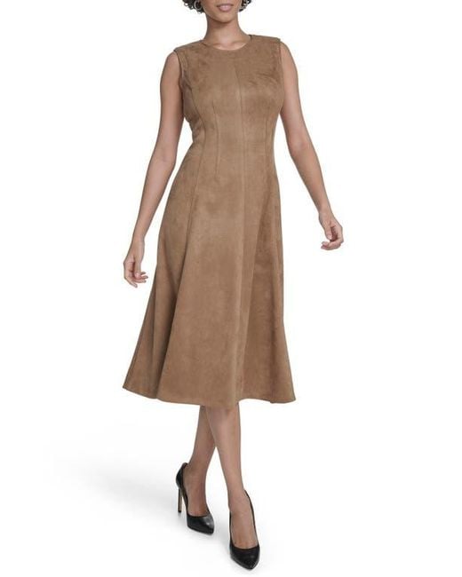 Calvin Klein Natural Faux Suede Midi A-Line Dress