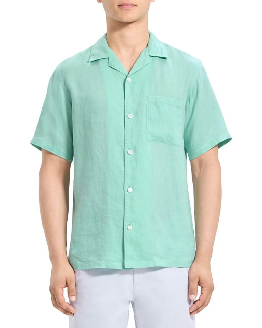 Theory Green Noll Short Sleeve Linen Button-up Camp Shirt for men