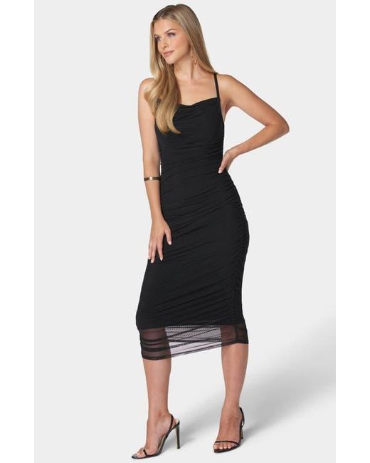 Bebe Black Ruched Mesh Midi Slipdress