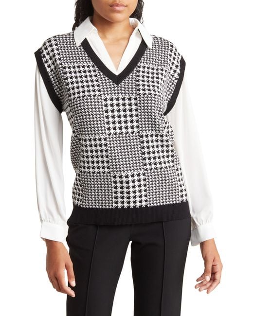 Adrianna Papell Gray Jacquard Twofer Top In Misced Houndstooth With Ivory At Nordstrom Rack